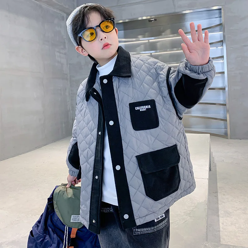 

Korea Autumn Winter Children Boy Thicken Cotton Jacket Elementary Boy Single-breasted Sport Coats School Boy Windproof Warm Coat
