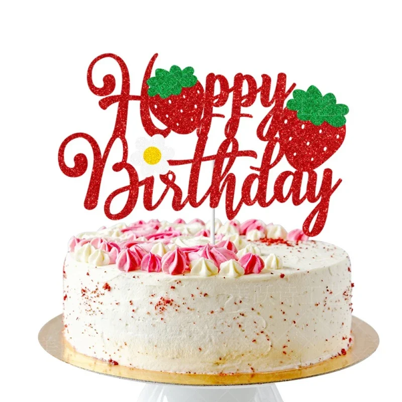 Strawberry Happy Birthday Cake Flags Strawberry Banner Cupcake Topper Fruit Kids Sweety Party Cake Baking DIY Party Decoration