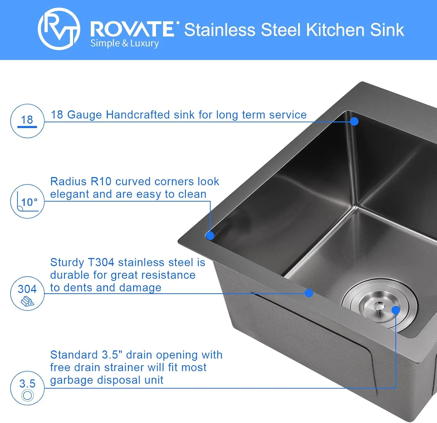 ROVATE 15 x 17 inch Drop in Bar Sink Black Nano Kitchen Sink Overmount Handmade Single Bowl T-304 Stainless Steel Bar Prep