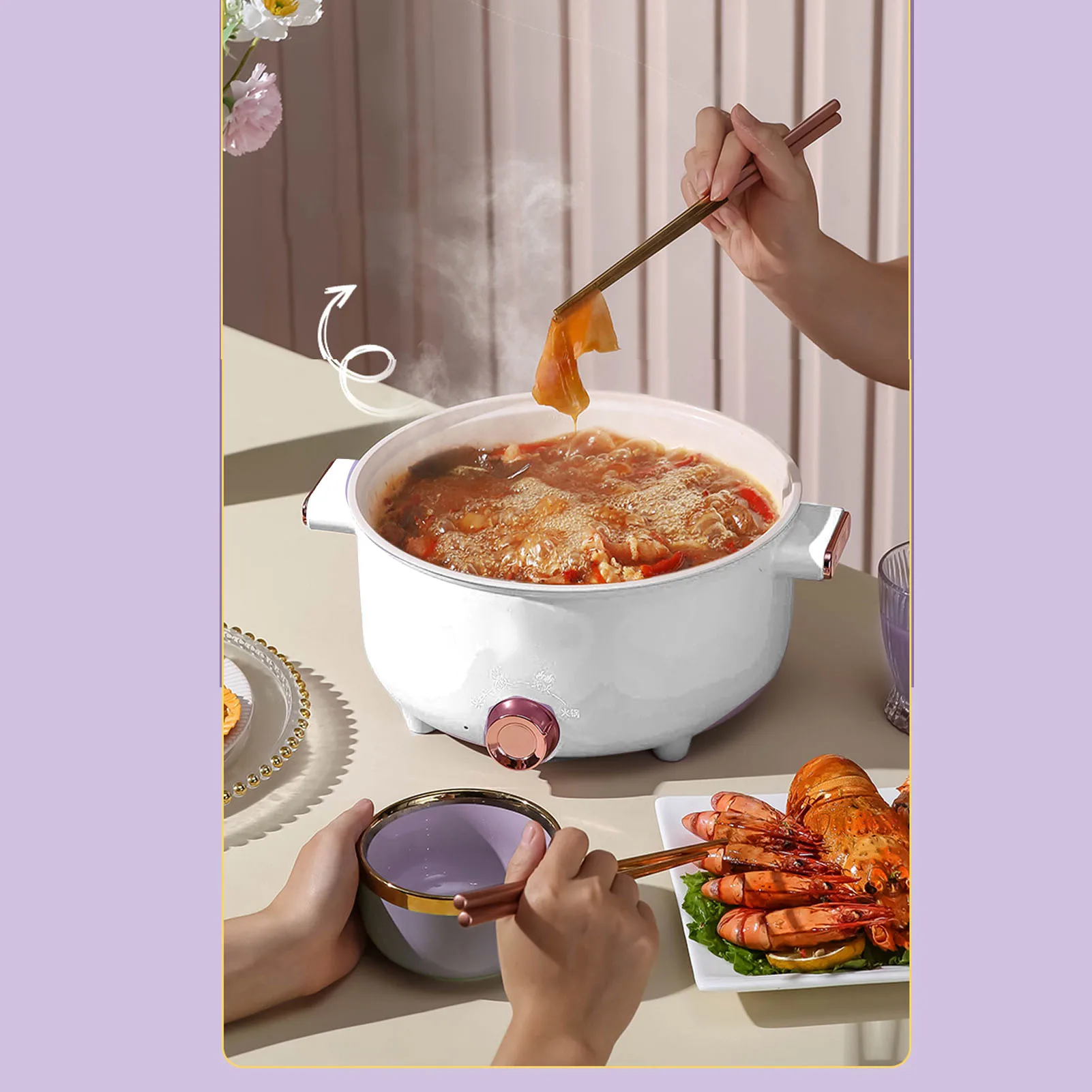 Electric Cooking Pot 3.5L 3 Temp Modes Antisticking Ceramic Glaze Multi Function Electric Cooker 220V for Home Cooking