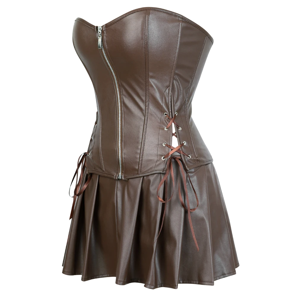 Steampunk Corset Dress Women Faux Leather Bustier with Skirt Gothic Corsetto Gothic Zipper Rockabilly Cosplay Halloween Clubwear