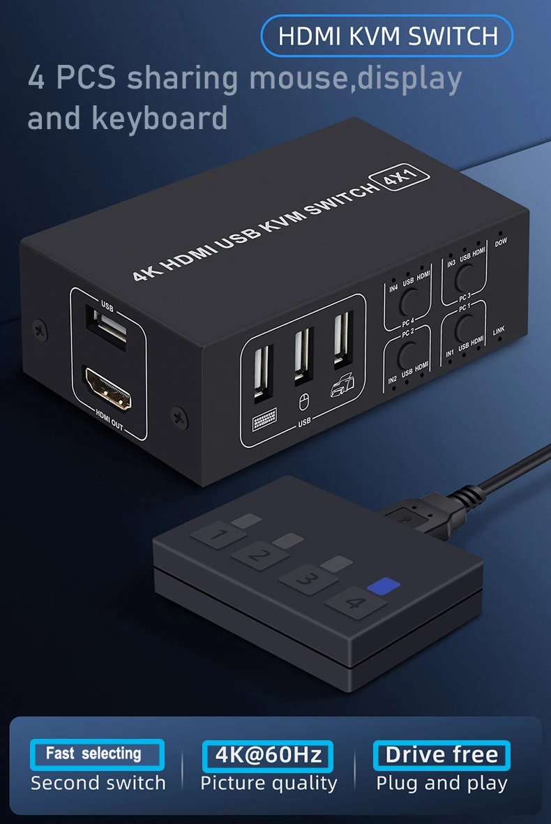 USB KVM Switch 4 port HD HDMI-compatible 4K 1 in 4 out 30HZ win10/8/mac os PC laptop