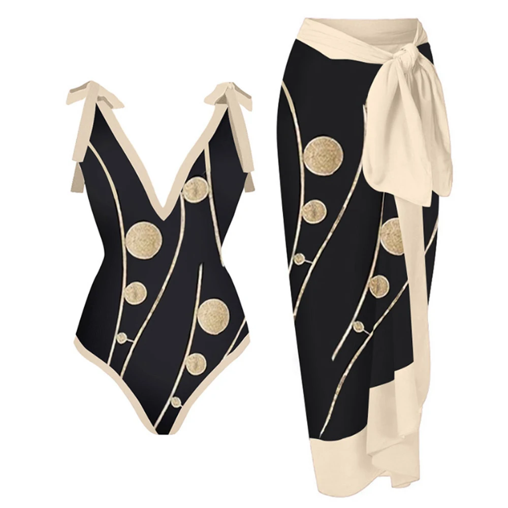 

Fashion Deep V Print Bikinis Women's One Piece Swimsuit Cover Up Sexy Lace Up Backless Bathing Suit Summer Beachwear Biquini