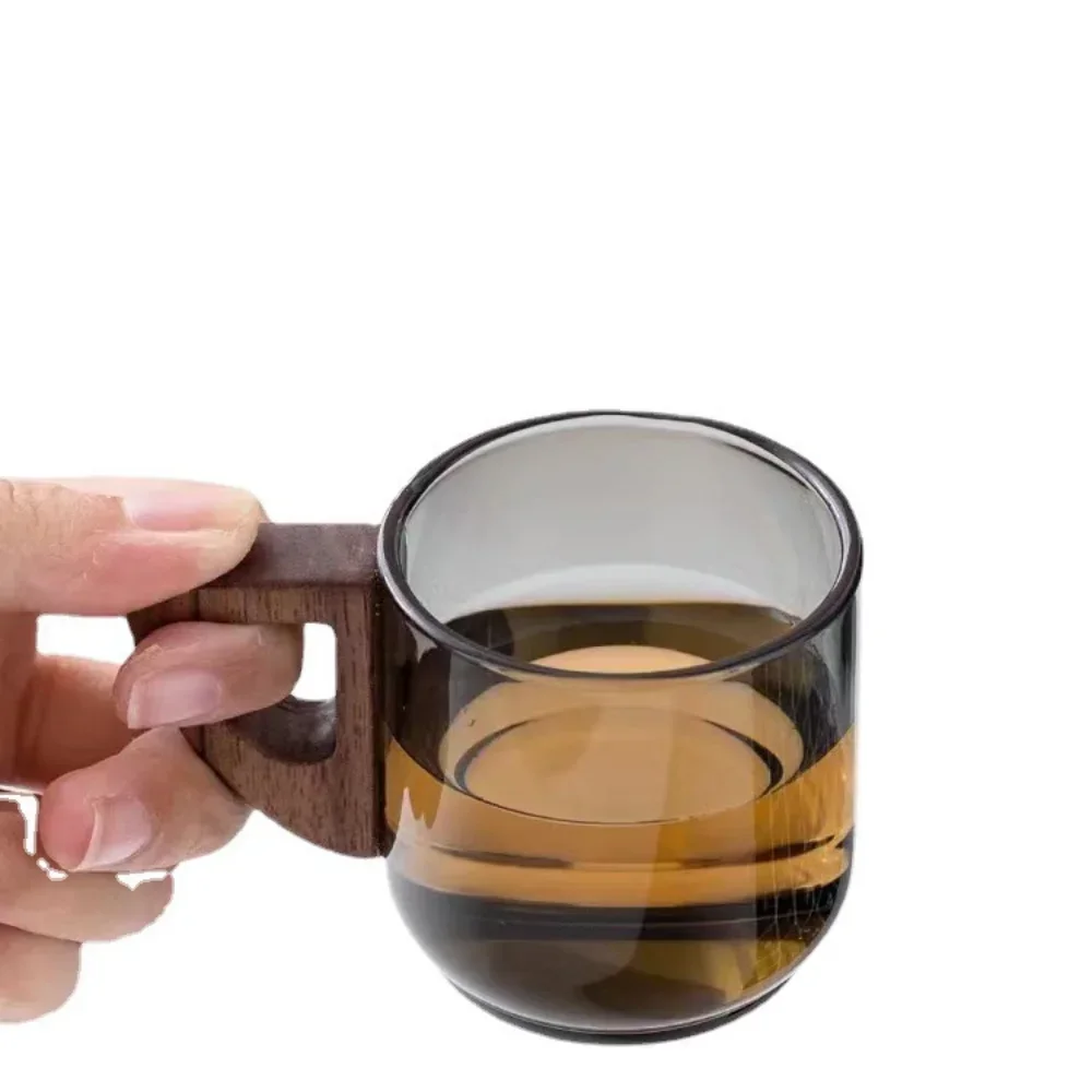 90ml Glass Small Tea Cup Tea Cup With Handle Walnut Wood Anti Scald Home Office Light Luxury High Grade Transparent Water Cup