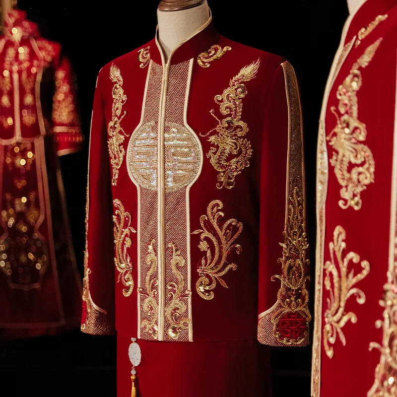 

Vintage Red Velour Sequins Beading Embroidery Clothing Elegant Oriental Tang Suits Chinese Traditional Wedding Qipao Costume