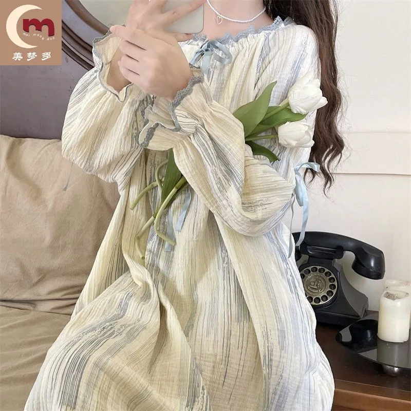 100% Cotton Pajamas Female Spring and Autumn Long Sleeve Kawaii Can Be Worn Outside Loose Solid Color Summer Dress