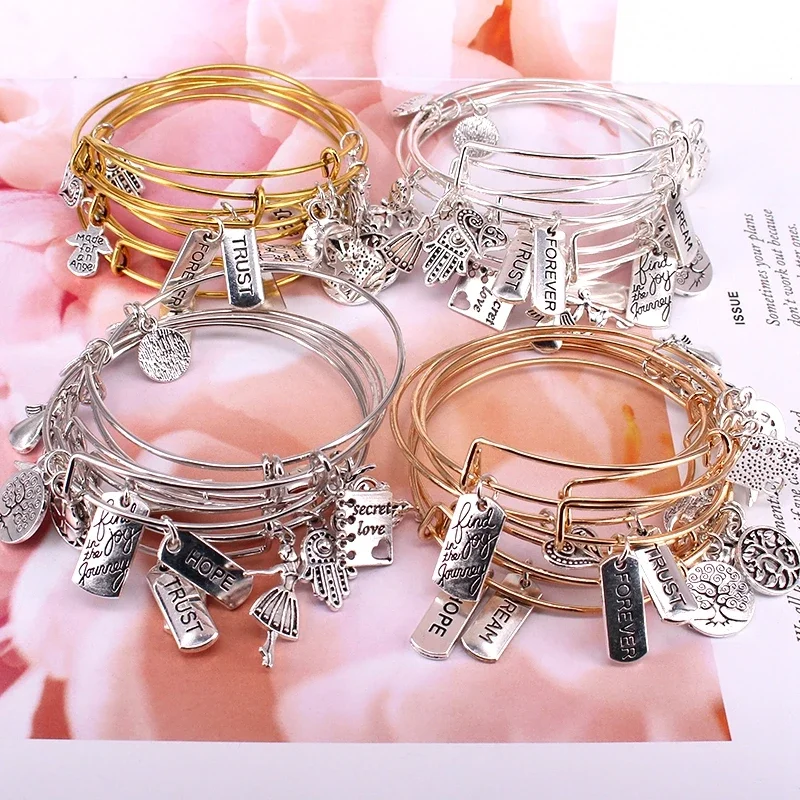 5pcs Bangle Set Hope Dream Forever Trust Charm Bracelets for Women Moon Love Heart Charms Bangles Cuff Jewlery E41