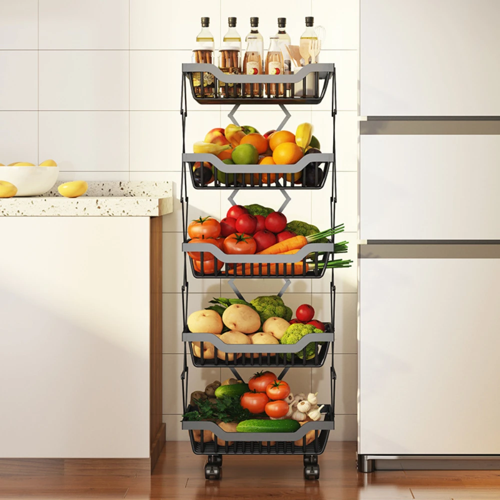 Movable Kitchen Fruit Basket Multifunctional Storage Holders Foldable Fruit Vegetable Storage Cart Multi-layer Utility Cart