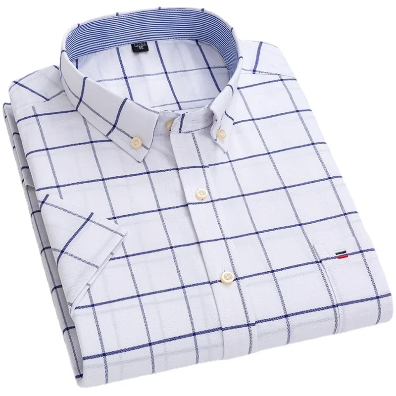 CAFE COTON Size M White Blue Yellow Plaid Cotton Short Sleeve Shirt