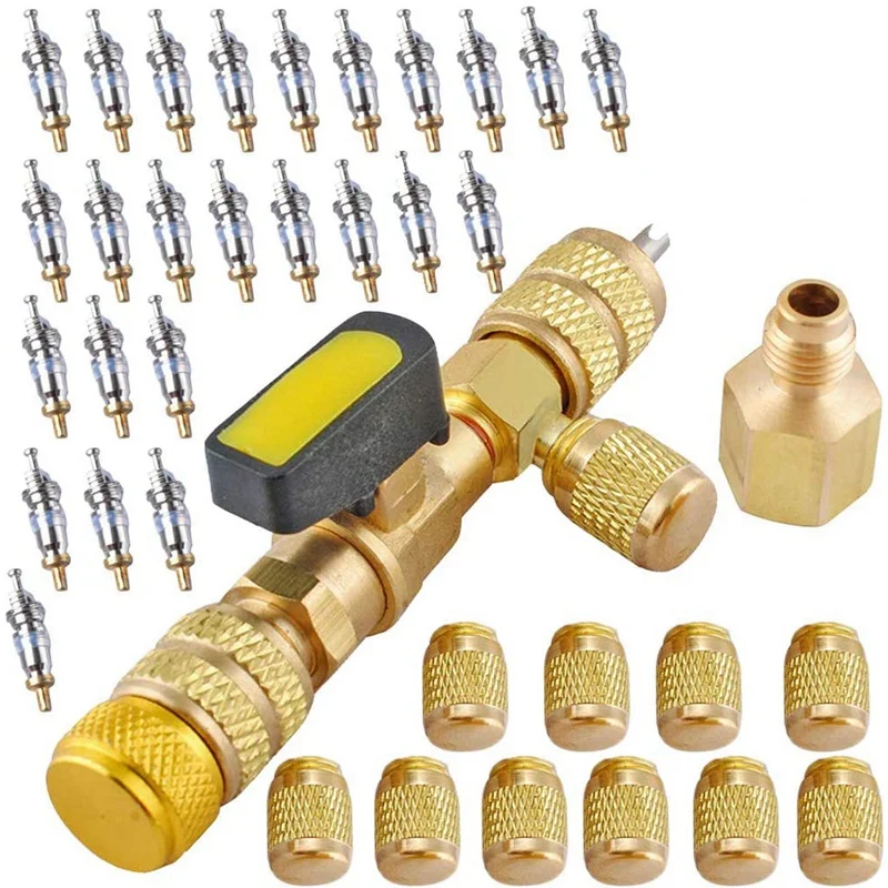 

Съемник сердечника клапана R410A с двумя портами SAE 1/4 и 5/16, сердечники клапана и гайка, инструмент установщика для снятия сердечника клапана HVAC