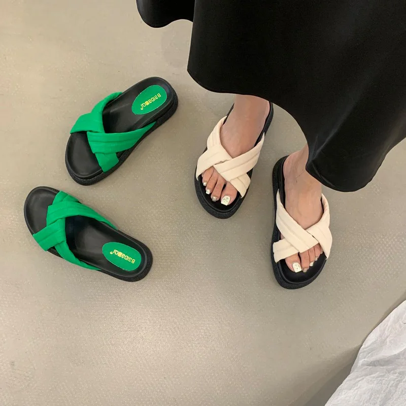 

Green Platform Sandals Women Bow Flat Slippers Casual Female Shoes Outdoor Fashion Flat Sandals Apricot Slippers Dames Zomer