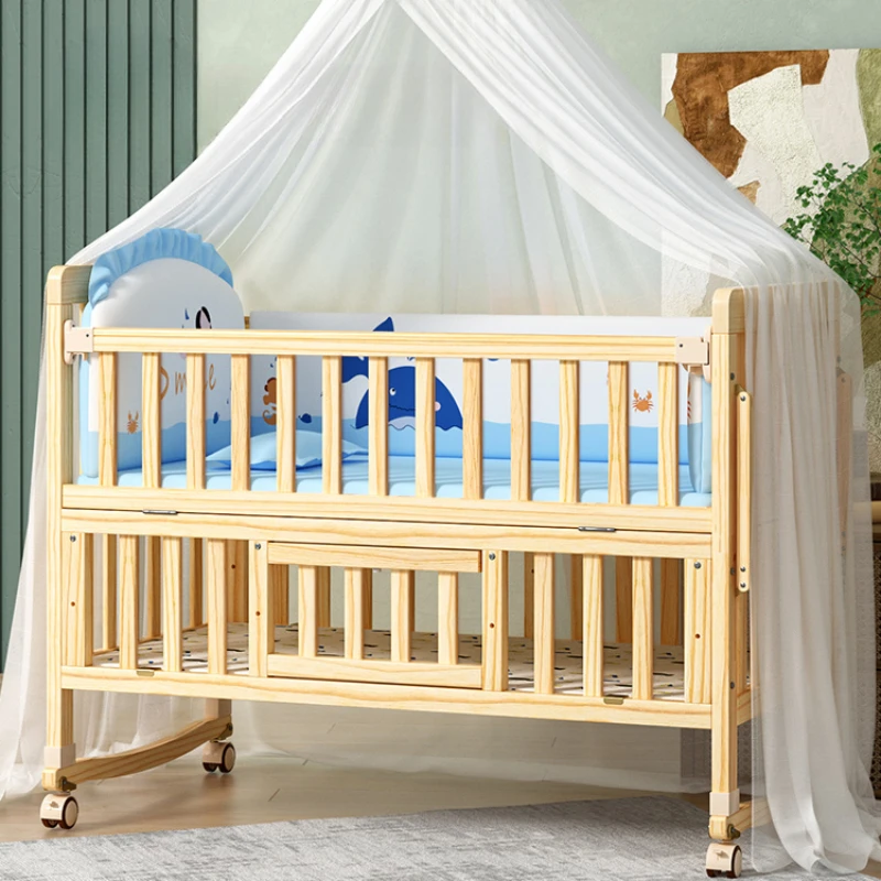 

Solid wood multifunctional newborn children's bed Splicable environmentally friendly baby bed Movable baby cradle bed