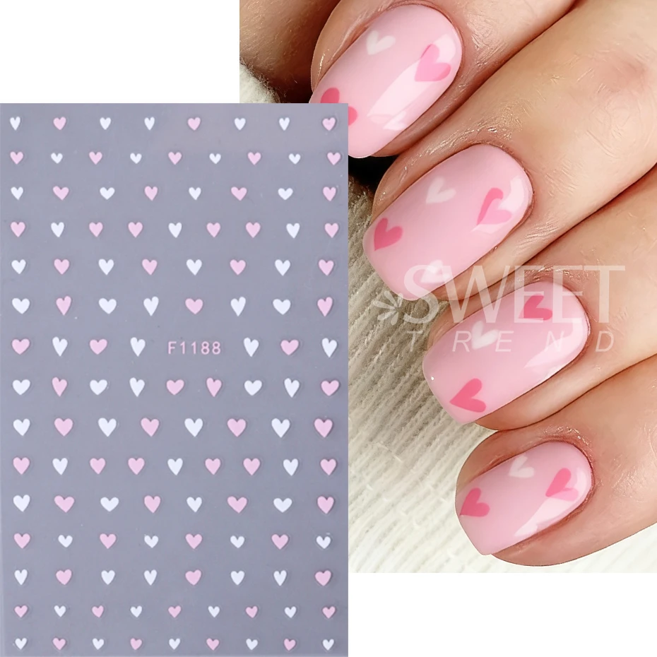 3pcs Valentine's Day Love Heart Nail Stickers Pink White Peach Heart Adhesive Nail Decal DIY Romantic Manicure Decoration Slider