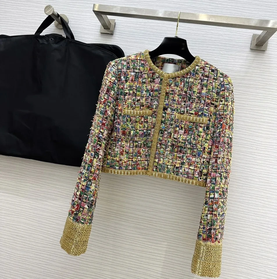 

Роскошные плетеные женские пальто разных цветов с бисером, короткие куртки с круглым вырезом