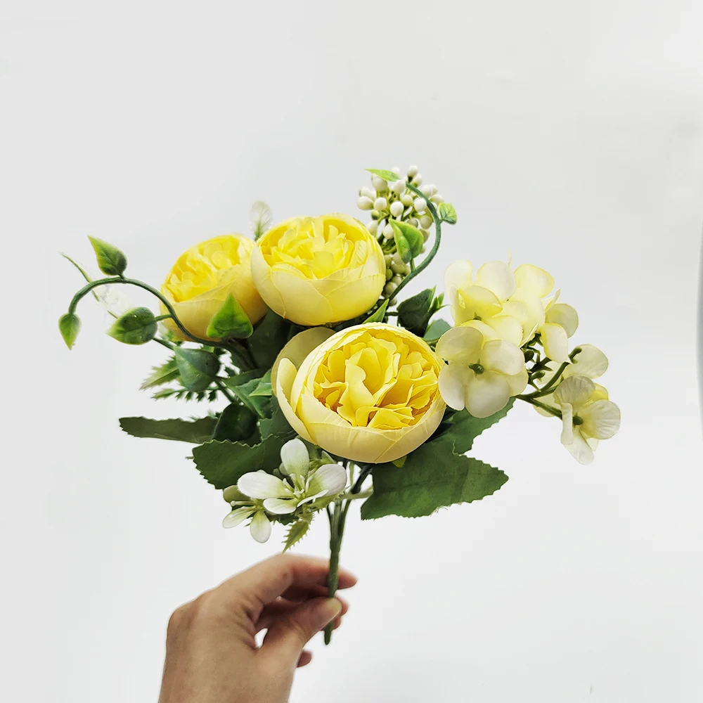 26cm Pink Silk Rose Artificial Flowers Bouquet for Cemetery Wedding Retro Peony Fake Flowers Floral Bridal Handheld Decoration