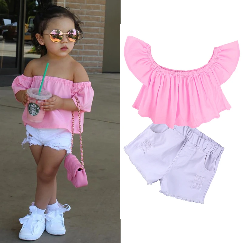 Fashion Girls Suit Tops + Pants 2 Pieces The Strapless Set Kids Bowknot Hole Pants Cute Girls Clothing Set
