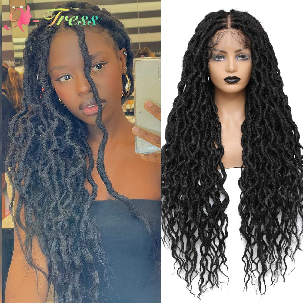 X-TRESS Faux Locs Braided Wigs 13X4 Synthetic Lace Frontal Wig for Black Women 32 Inch Wavy New Goddess Locs Free Part Lace Wigs