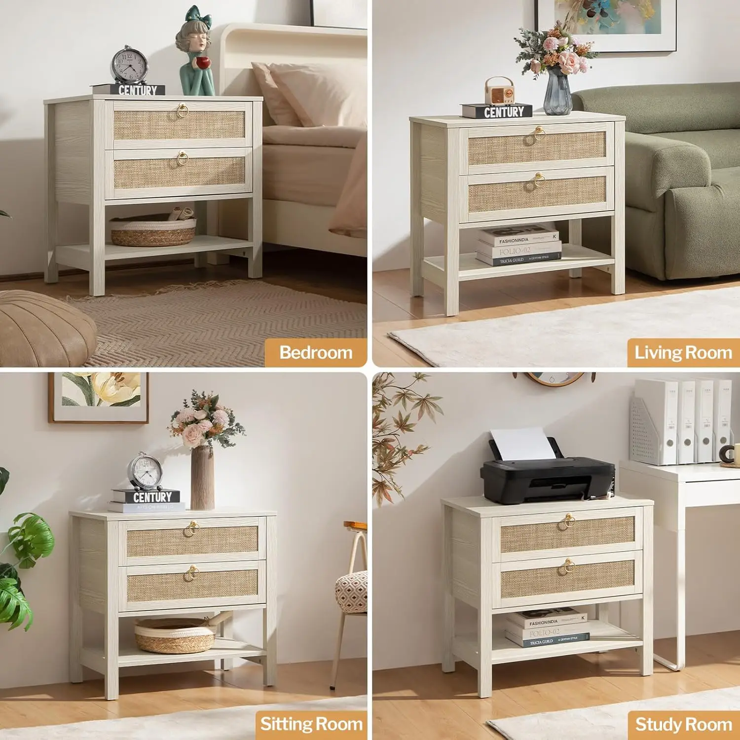 White Night Stand Set of 2, Large Nightstand with Drawers and Storage Shelf-Rattan Boho Bedside Table Narrow Side Table for Be