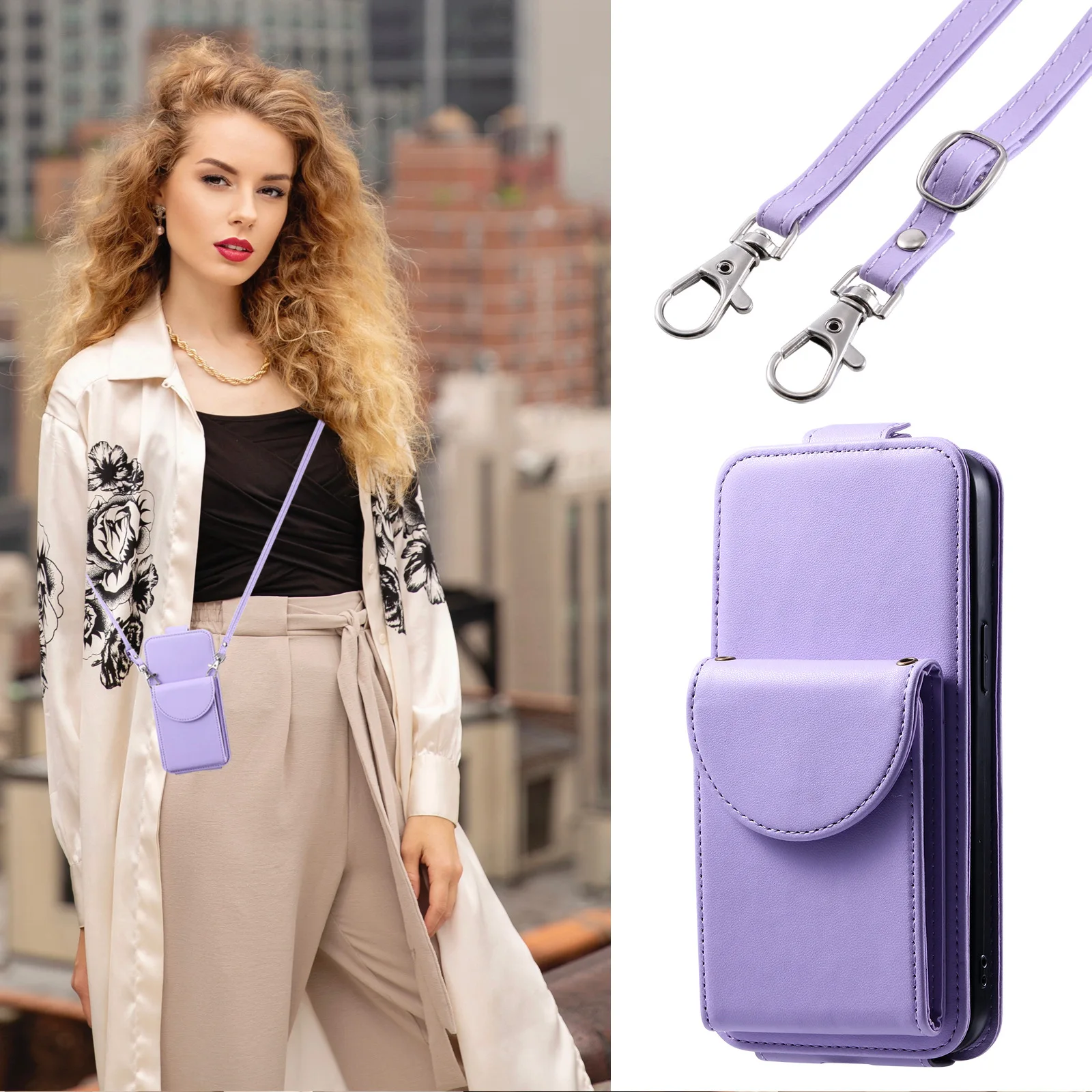 Leather Crossbody Vertical Case with Lanyard and Card Slots – Flip Cover Design