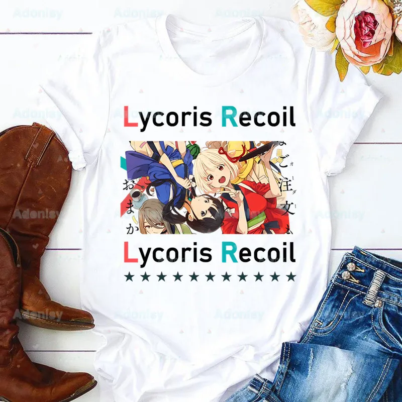 

Lycoris Recoil Anime Ladies T-shirt Casual Nishikigi Chisato White Shirt Short Sleeve Ladies Inoue Takina T-shirt Graphic