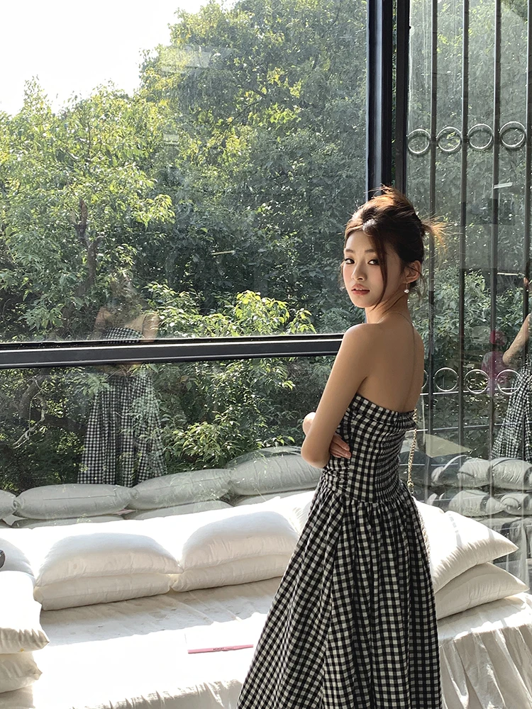 Casual Strapless Midi Dresses for Women Striped Sleeveless A-line Korean Chic Summer New Party Dress Vestidos Mujer