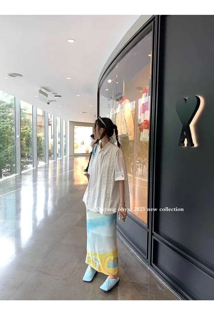 2025 Spring Autumn New Printed Half Length Skirt for Women's Summer High Waist Tulle Long Skirt Woman Split Straight Skirt