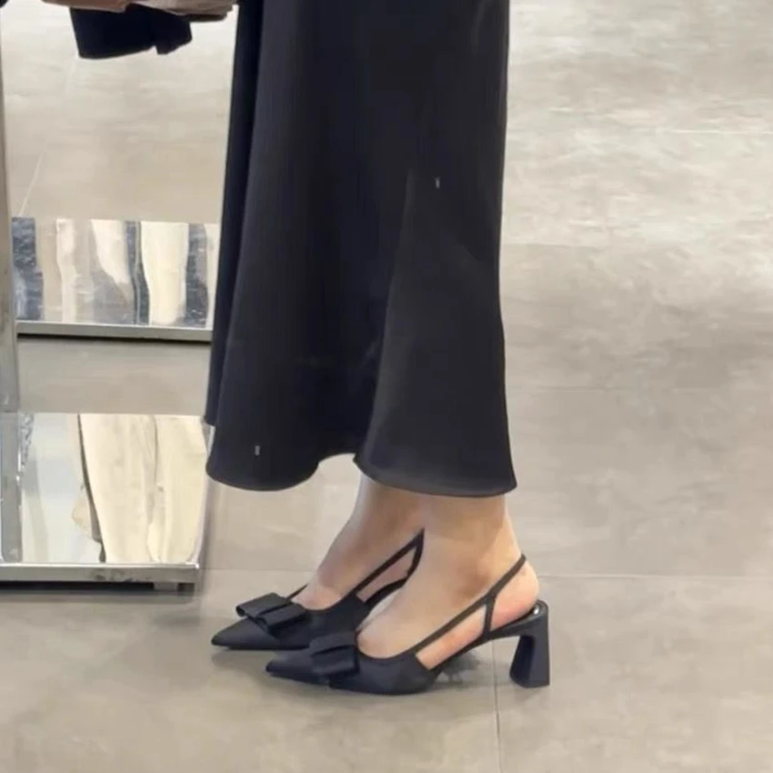 Black Pointed Toe High Heel Women Fashion Bow Elegant Party Dress Shoes Shallow Designer Square Heels Slingback Sandals Female