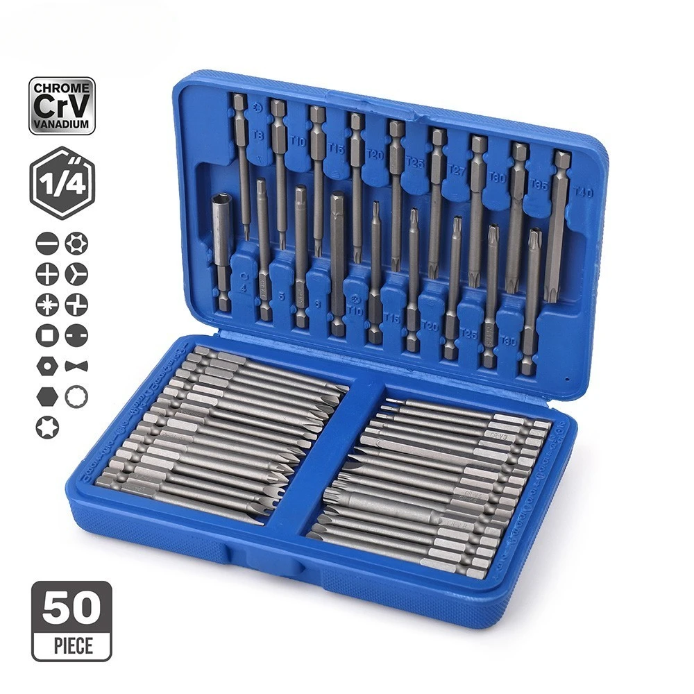 

50pcs 75mm Screwdriver, 1/4 Screwdriver Bits Long Set Allen, Hex Pz2 Ph2 Torx Bit, CR-V Screwdriver Bit