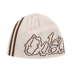 Korean Fashion Knit Letter Graphic Beanie - Winter Streetwear Hat - One Size (Beige)