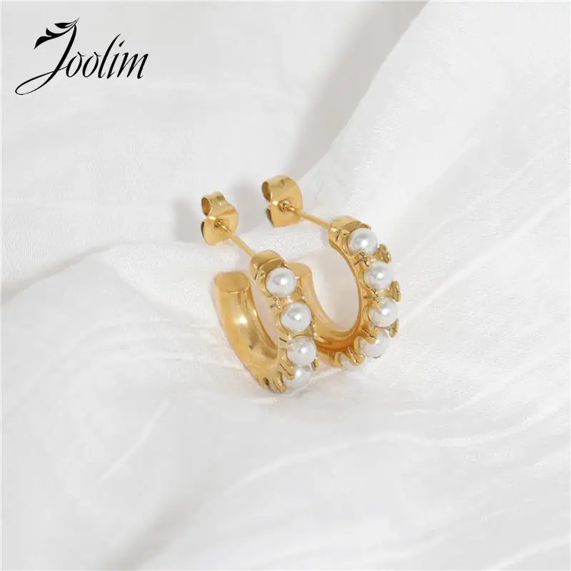 

Joolim Jewelry Drop Shipping High End PVD Tarnish Free Luxury Pearl Hoop Stainless Steel Earring Trendy For Women
