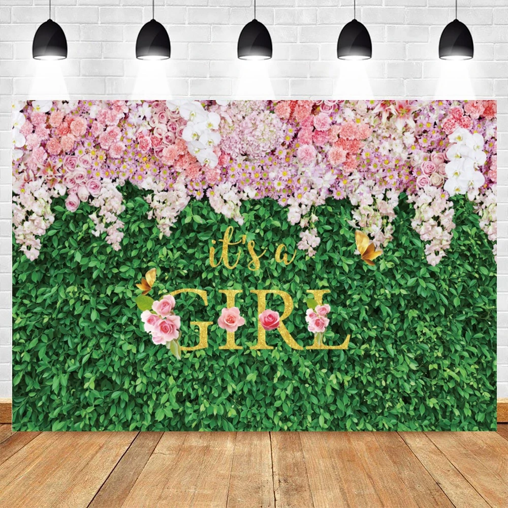 

Baby Girl Birthday Backdrop Green Leaves Flower Newborn Party Decor Photographic Photography Background Photo Studio Photozone