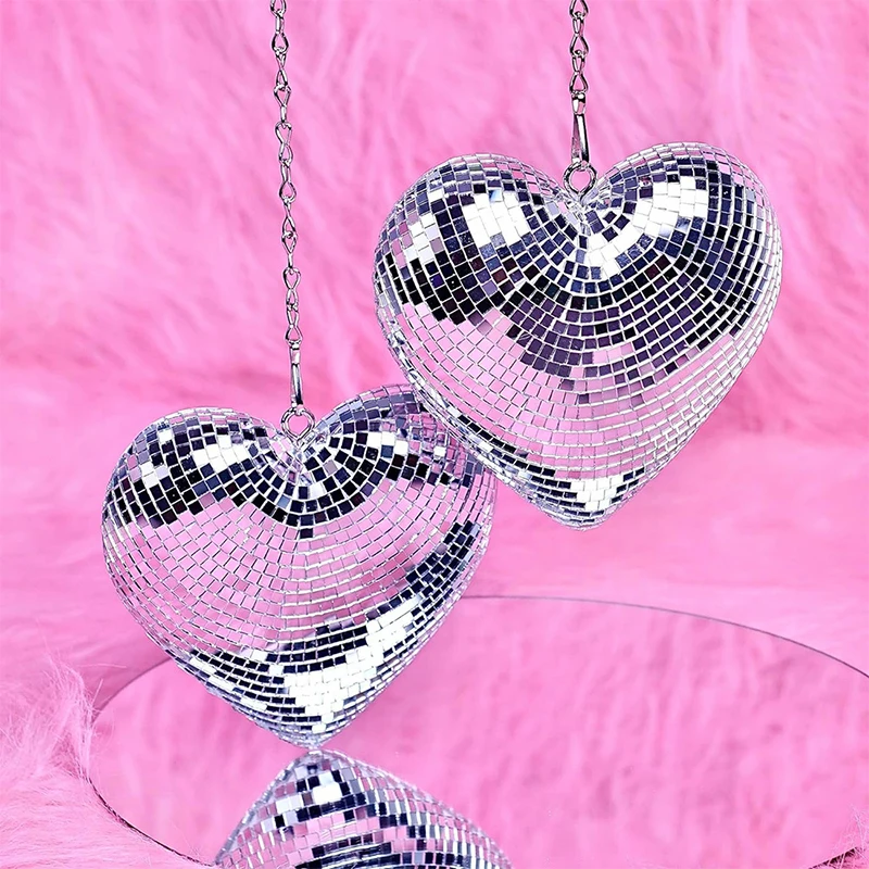 Description Picture 6 of item1pc Heart Shape Disco Ball Reflective Glass Party Atmosphere Hanging Decorations Colorful Disco Ball With Chain Party Supplies