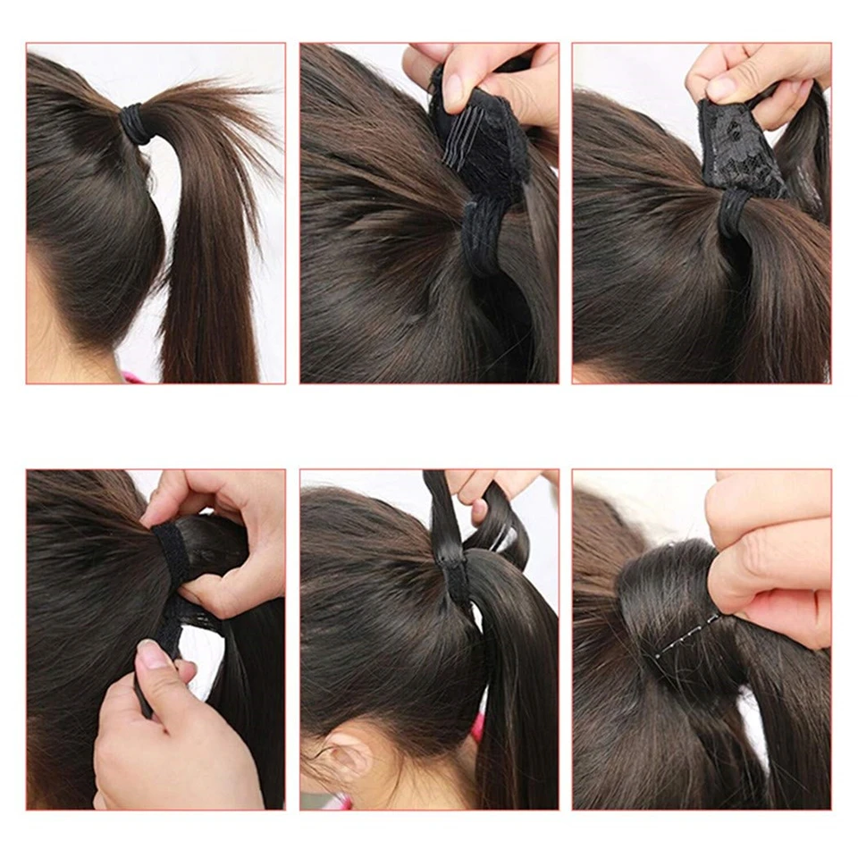 Ponytail Human Hair Wrap Around Bone Straight Peruvian Remy Hair Extensions 16-24 Inches Clip Ins Natural Color Hairpiece