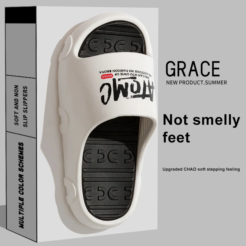 

Men's Thick Sole Summer Beach Slippers Bathroom Non-Slip Slippers Soft Sandals Slogan Ultra Light Word Sandals Women Flip Flops