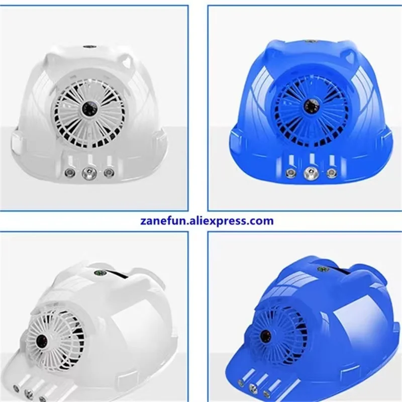 Solar Fan Helmet With 2 Turbo Fans 3 Strong LED Lights 12000mAh Power Bank Thermometer Compass Solar Panel 2-Fan ABS Hard Cap