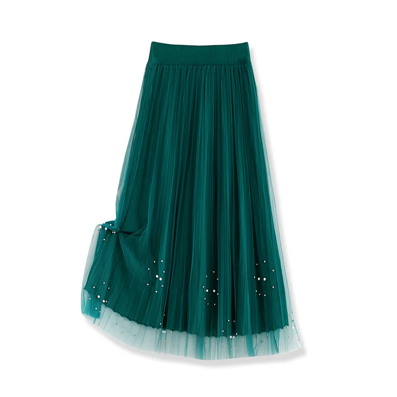 2024 Thickened Knitting Two-Layer Stitching Mesh Beaded Pleated A- line Large Hem Half-Length Wool Skirt Wholesale