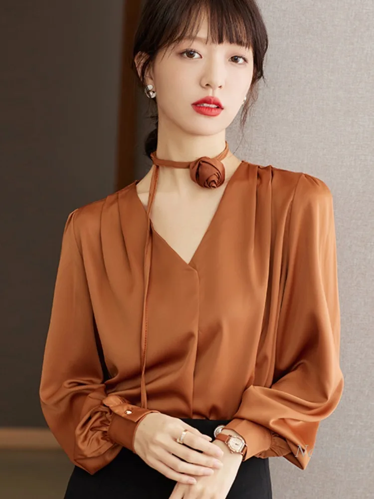 

Flower Tie Collar Shirt Women's Acetate Satin Korean Style Pleated Commuter Loose Drooping Top Elegant High-Grade V Neck Blouse