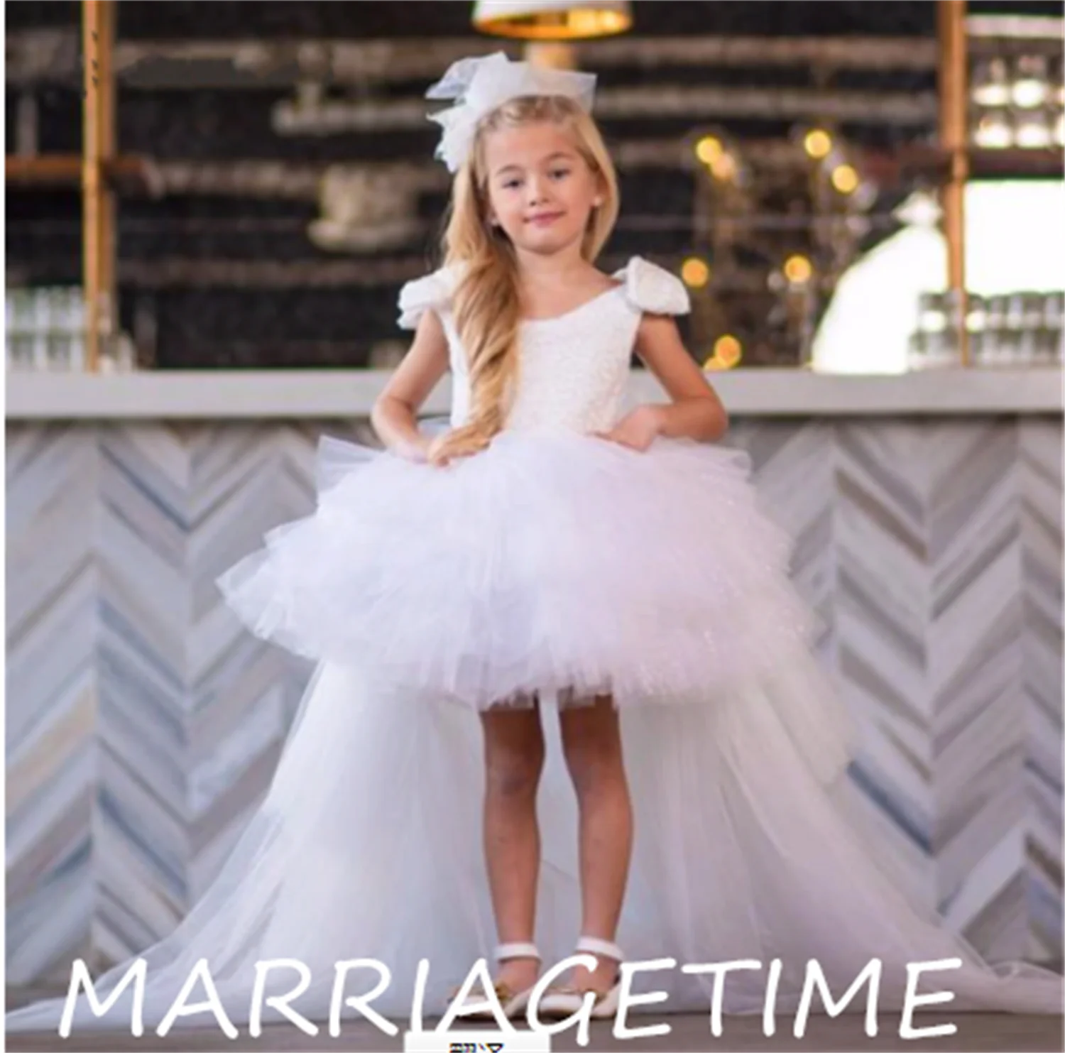 

White Ivory Flower Girl Dress Wedding Party Princess Dresses For Girls Tulle Bow High Low Fluffy First Communion Dress