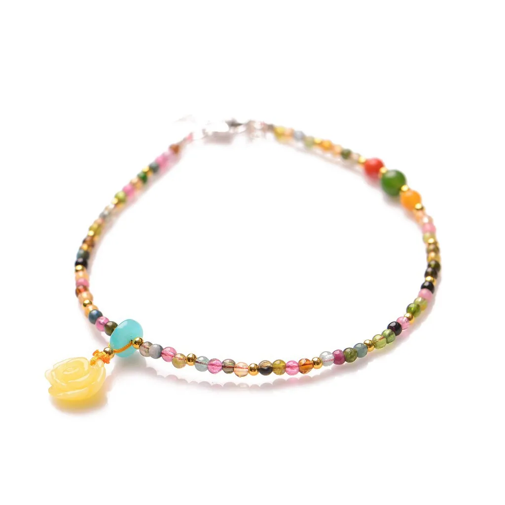 

5A Tourmaline Anklet S925 Sterling Silver Size Adjustable Natural Crystal
