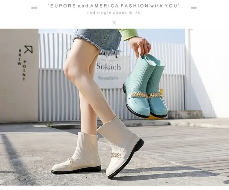 Neue Mittlere Waden Regen Stiefel frauen Original Marke Metallic Galoschen Frau Trendy Rainshoes Damen Plüsch Gefüttert Wasser Schuhe Niedrigen absätzen – Detail 15