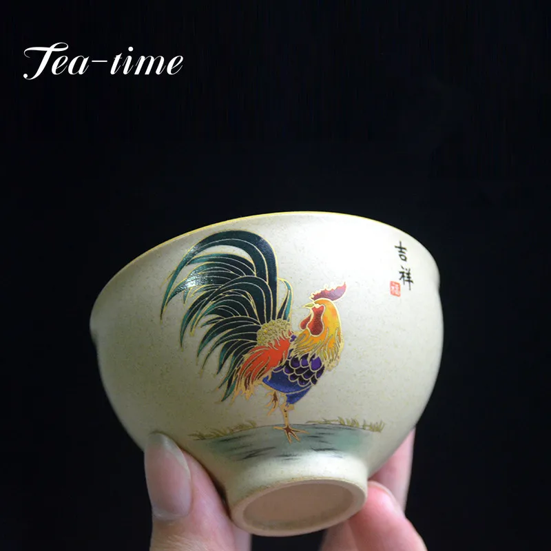 Antique Pottery Ceramic Teacup Hand Painted Cock Tea Cup Travel Portable Tea Bowl Pu'er Master Cup Chinese set Accessories