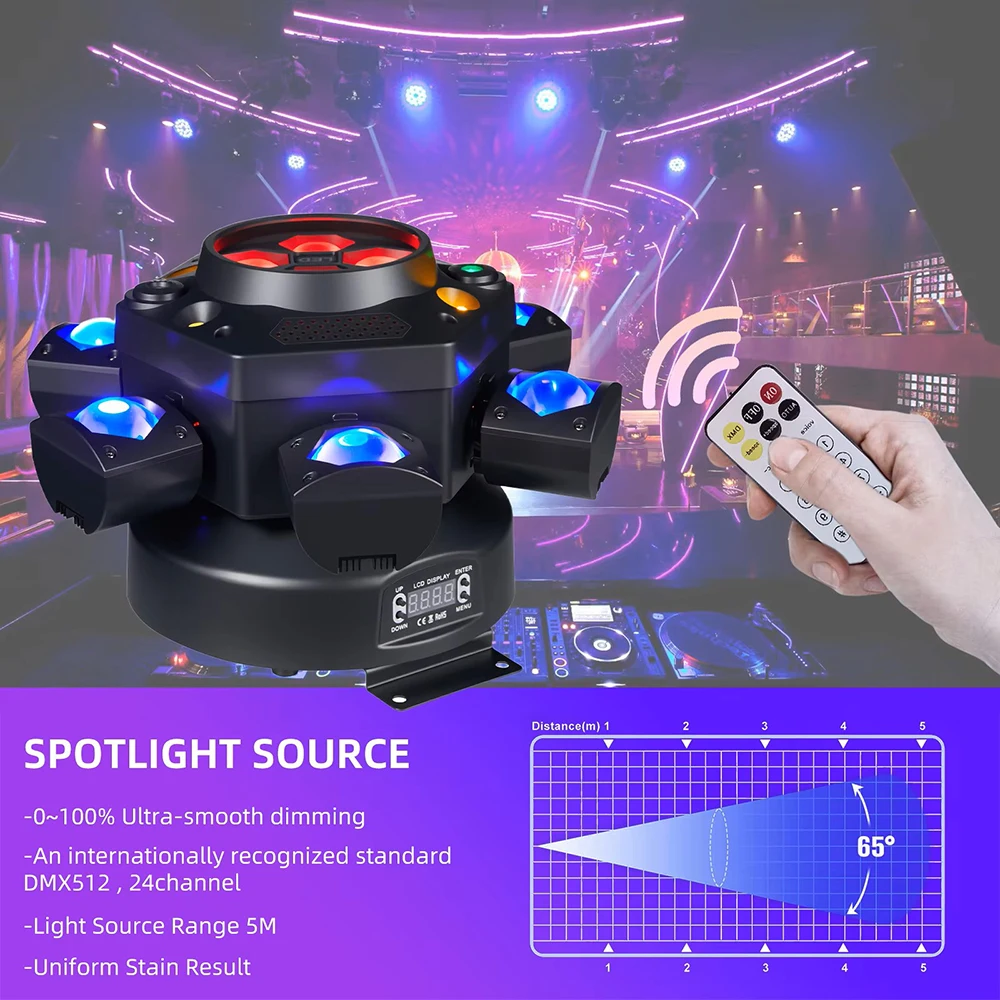 150 W sechsarmige kleine King Kong professionelle Bühnenlichter mit Fernbedienung, DMX512-Steuerung, DJ-Disco-Lichter mit Laser für Hochzeitsfeier – Detail 6