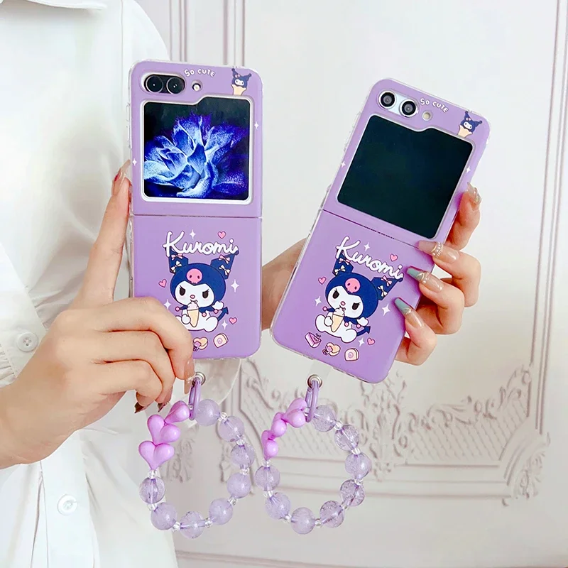 

Sanrio Kuromi Purple Phone Case For Samsung Galaxy Z Flip 3 4 5G ZFlip5 ZFlip4 Flip3 Flip5 Flip4 Cover With Lanyard