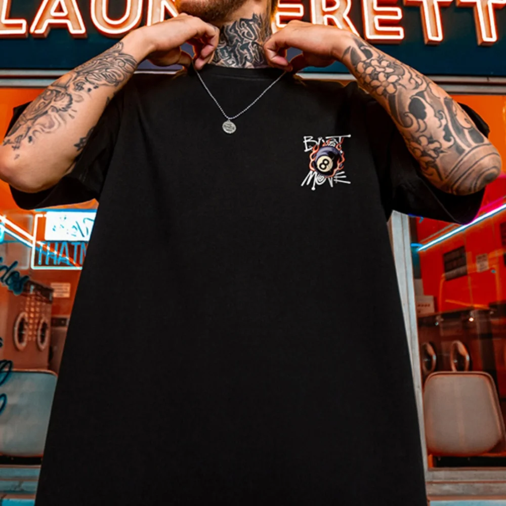 

Men's Cotton Oversized T-shirt Loose Tops Shirts For Clothing Breathable Casual Billiard black 8 Pattern Short Sleeve New Tees