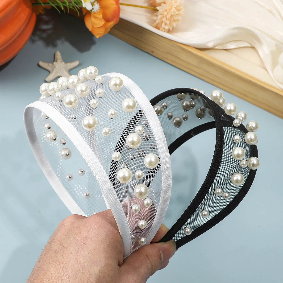 Fashion Pearl Mesh Wide Headband For Women Girls Vintage Elegant Hair Accessories Hair Bands Shopping Party Travel Headwear