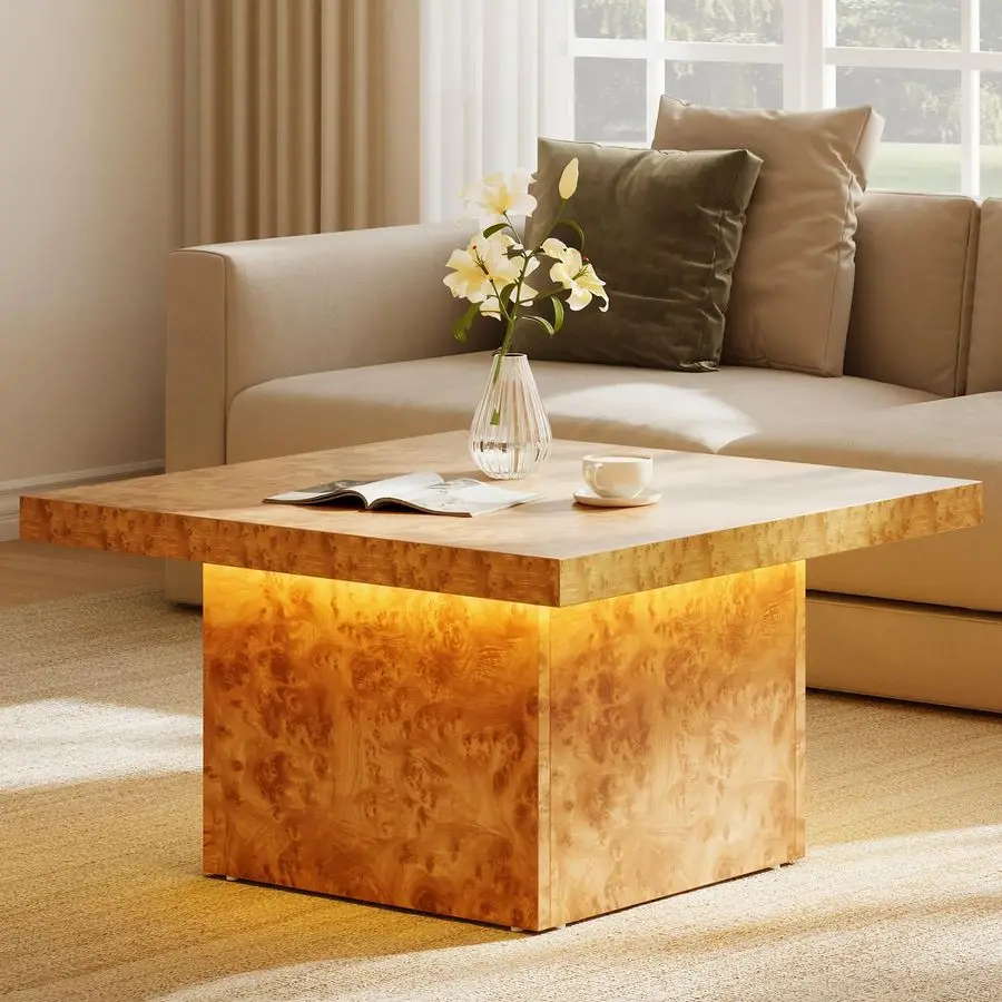 Coffee Table Square LED Coffee Table, Burl Wood Grain Tea Coffee Tables for Living Room Apartment, Modern Wooden Center Table f