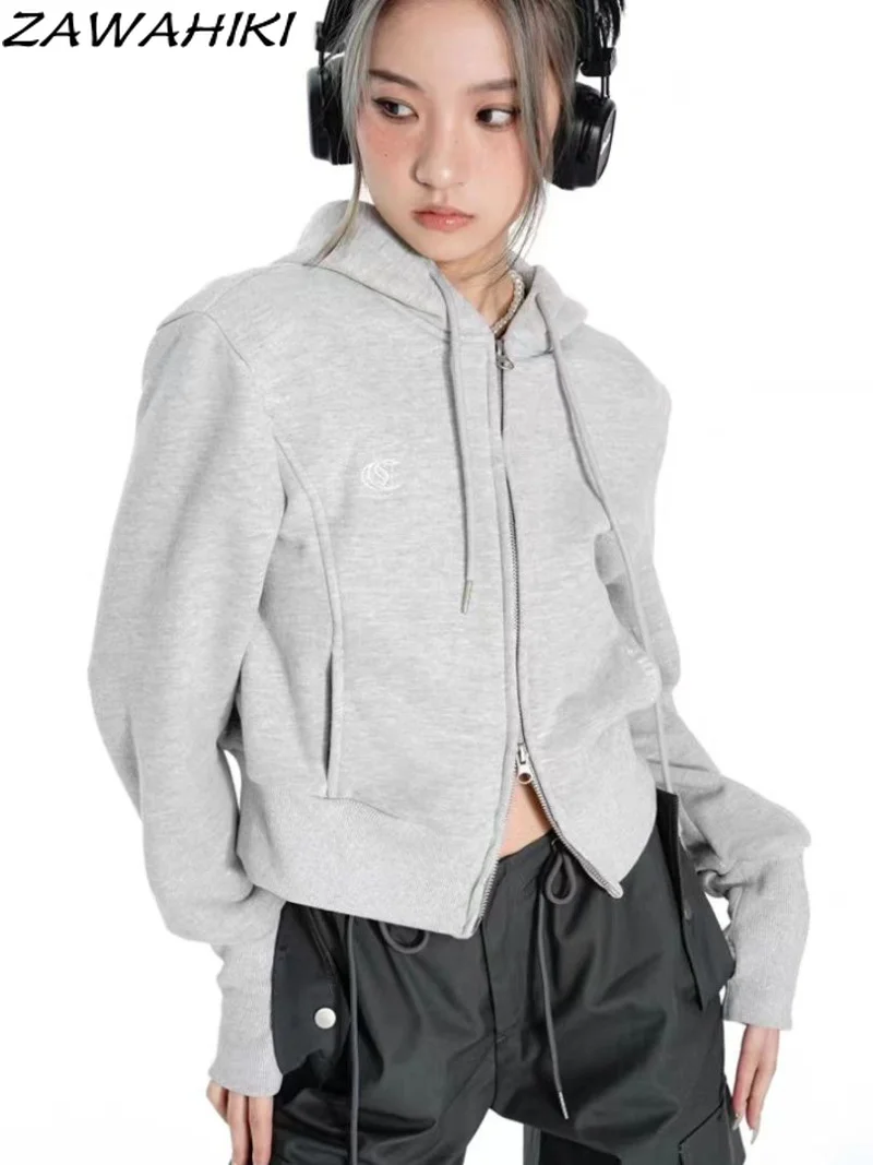 

Vintage Grey Brown Jacket Women Short Outwear American Retro Fashion Solid Streetwear Hooded Zip-up Cropped Coat