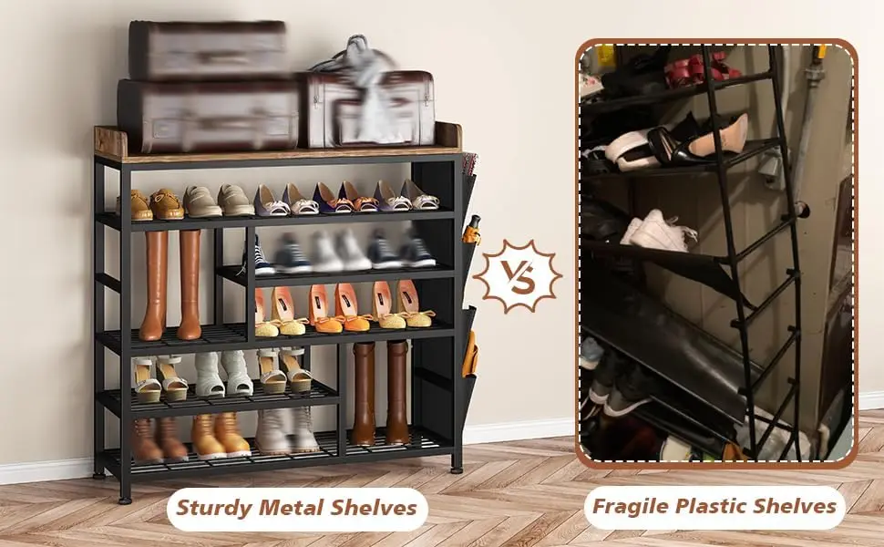 Metal Shoe Rack for Entryway, 6 Tier Shoe Storage Organizer Holds 22 Pairs, Wooden Top and Side Pocket for Entry,