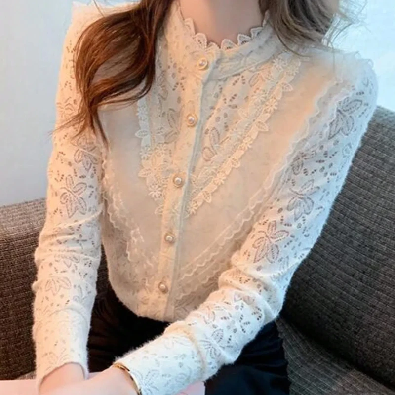 Spring and Autumn New Fashionable Women's Elegant Lace Lace Long Sleeve Shirt Half High Collar Button Casual Top