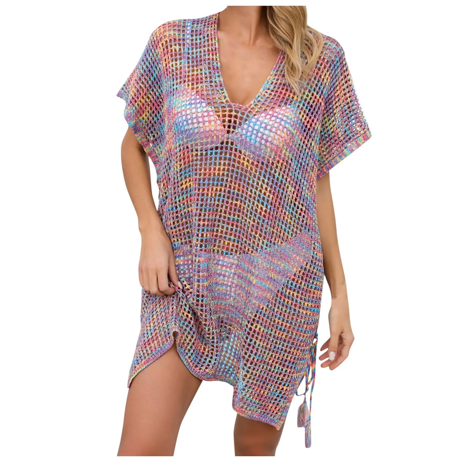 

Swimsuit with Cover up Set for Women Women's Summer Fashion Drawstring Loose Beach Cover Up Hollow Knit Bikini Vacation Sun